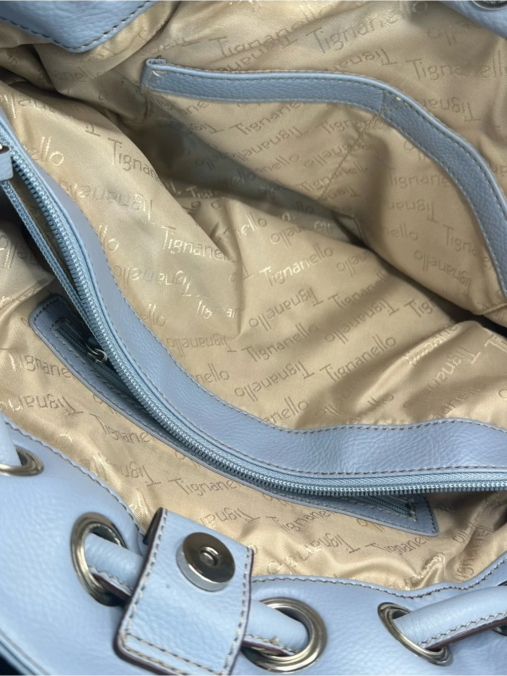 Tignanello Light Blue Pebbled Leather Shoulder Bag with Silver Plaque